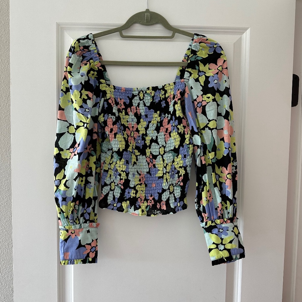 NWOT Womens Free People Ariana Smocked Balloon Sleeve Floral Blouse